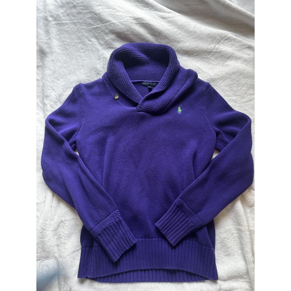 Ralph Lauren Womens L Purple Cotton Shawl Collar Sweater Green Pony Pullover